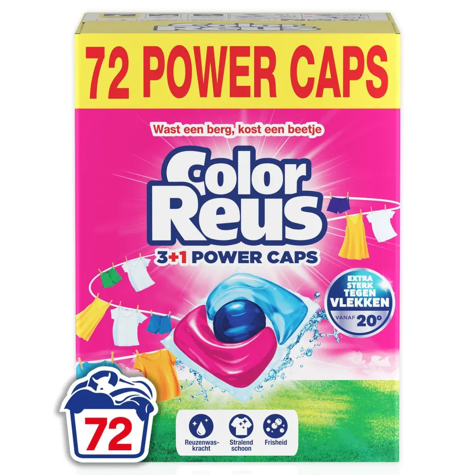 Witte Reus Color Reus 3+1 Power Caps - Wascapsules - Gekleurde Was - Voordeelverpakking - 2 X 36 Wasbeurten - 72 Wasbeurten Hot